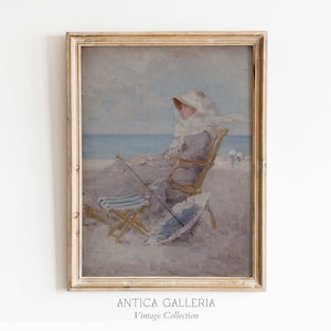 Vintage Seascape Painting, Lady on the Beach, Coastal Home Decor, Victorian Dress, Farmhouse Wall Art, PRINTABLE Digital Wall Art, #470
