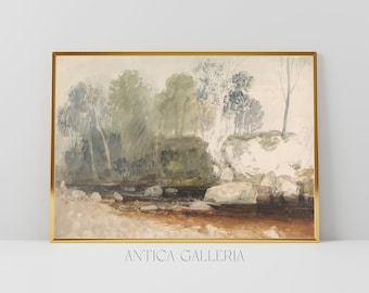 Vintage River Rocks Watercolor Painting | Rustic Landscape Art (Digital Download)
