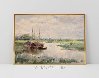 Serene Waterscape with Boats | Landscape Painting | Vintage Watercolor Artwork | PRINTABLE Digital Wall Art | #7287