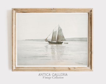 Vintage Sailboat Watercolor Print, Muted Coastal Art (Digital Download)