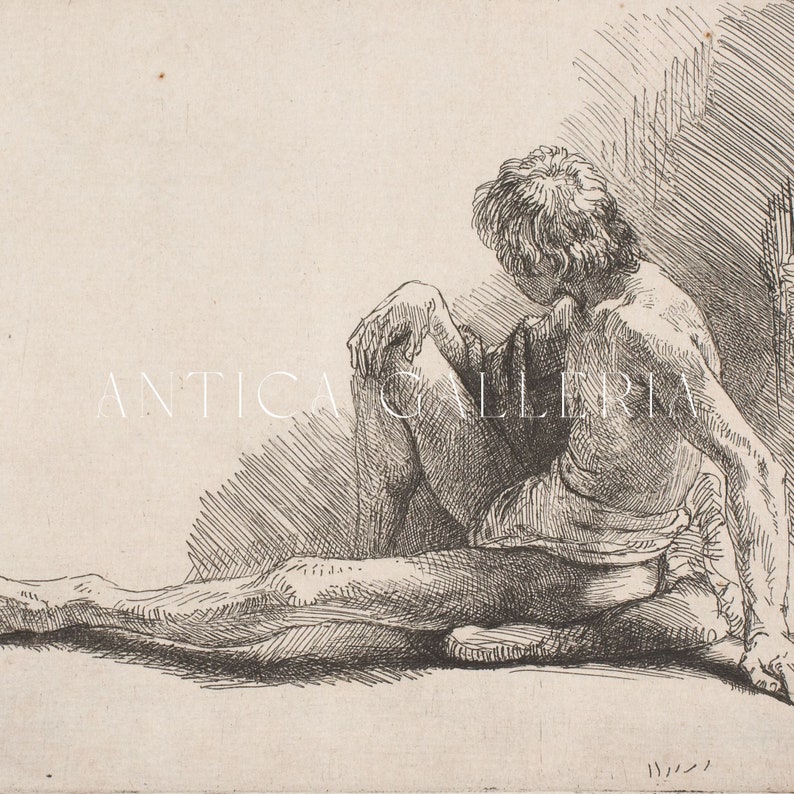 K&ouml;nnte beinhalten: Eine Schwarzwei&szlig;-Zeichnung einer sitzenden Figur. Die Figur ist nackt und hat den Kopf zur Seite gedreht. Die Figur sitzt mit gekreuzten Beinen und die Arme liegen auf den Beinen.
