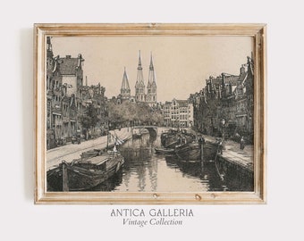 Vintage Amsterdam Canal Etching, Dutch Cityscape (Printable Art)