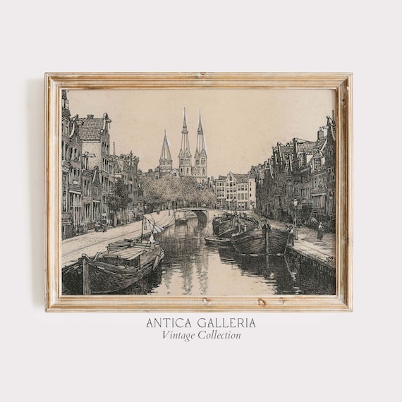 Vintage Etching Amsterdam Canal Print, Antique European City Sketch, Dutch Landscape Drawing, Dutch Art, PRINTABLE Digital Wall Art, #11