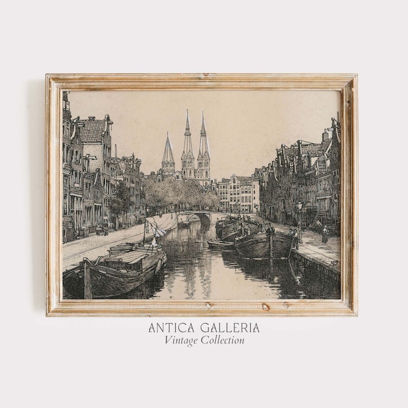 Vintage Amsterdam Canal Etching, Dutch Cityscape (Printable Art) bild 1