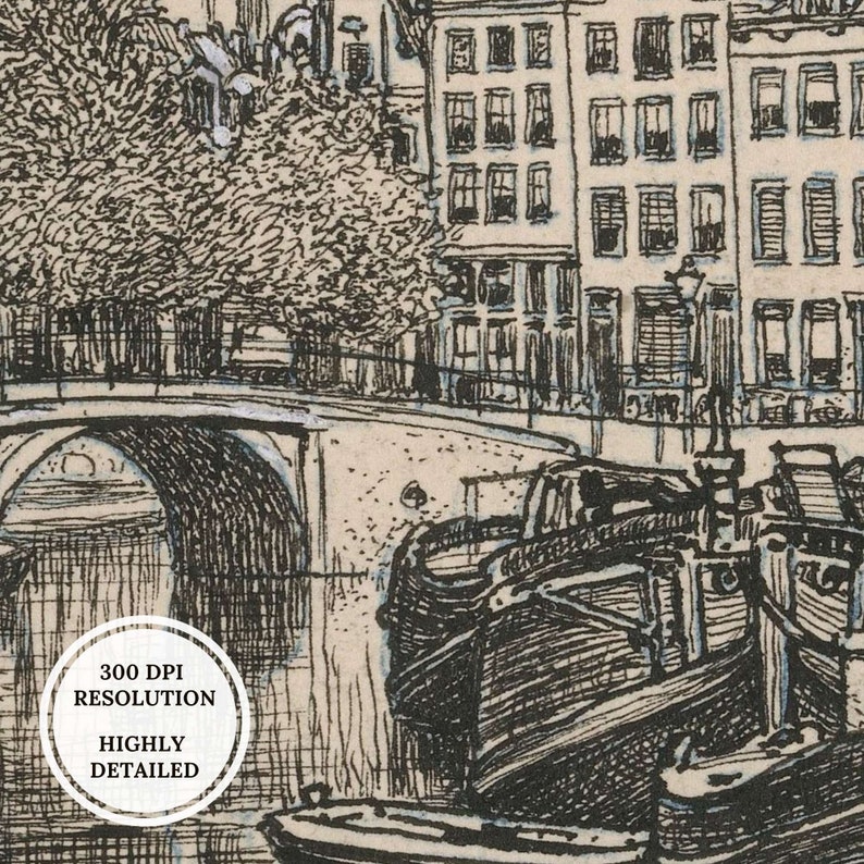 Vintage Amsterdam Canal Etching, Dutch Cityscape (Printable Art) bild 4