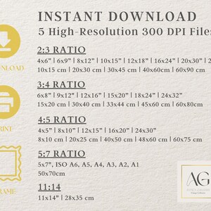 K&ouml;nnte beinhalten: Eine Grafik mit dem Text "INSTANT DOWNLOAD" und "5 hochaufl&ouml;sende 300 DPI-Dateien". Die Grafik listet verschiedene Seitenverh&auml;ltnisse f&uuml;r digitale Downloads auf, darunter 2:3, 3:4, 4:5, 5:7 und 11:14. Jedes Seitenverh&auml;ltnis enth&auml;lt die entsprechenden Abmessungen in Zoll und Zentimetern.