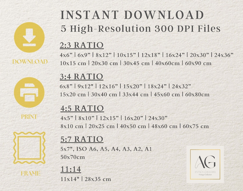 K&ouml;nnte beinhalten: Eine Grafik mit dem Text "INSTANT DOWNLOAD" und "5 hochaufl&ouml;sende 300 DPI-Dateien". Die Grafik listet verschiedene Seitenverh&auml;ltnisse f&uuml;r digitale Downloads auf, darunter 2:3, 3:4, 4:5, 5:7 und 11:14. Jedes Seitenverh&auml;ltnis enth&auml;lt die entsprechenden Abmessungen in Zoll und Zentimetern.