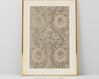 May include: A framed print of a vintage floral pattern in shades of beige and brown. The pattern features a repeating design of stylized flowers and leaves. The print is titled "Antica Galleria Vintage Collection".