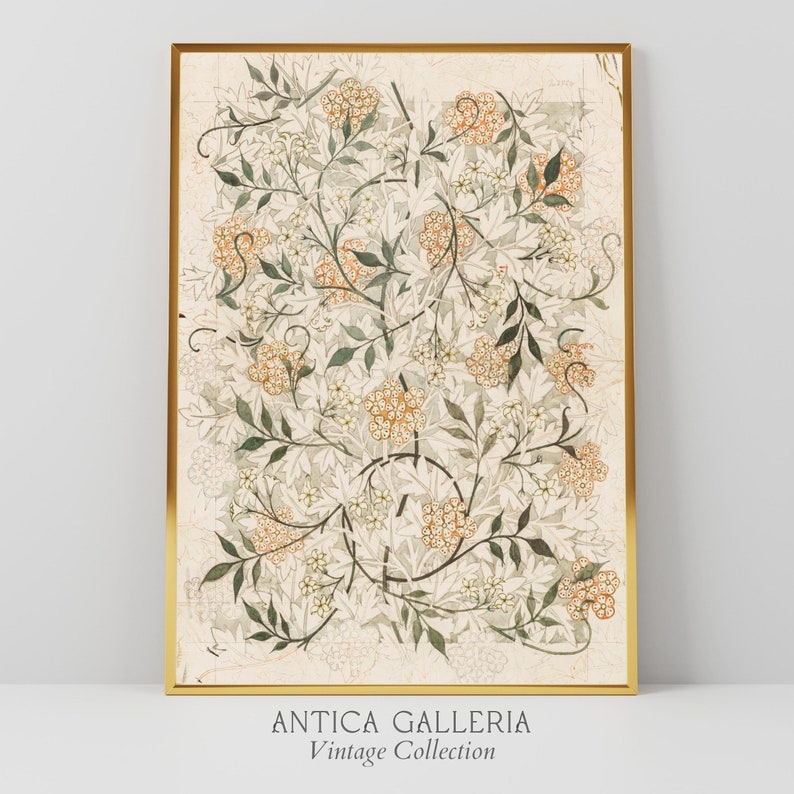 May include: A vintage botanical illustration featuring a delicate floral pattern with white and orange flowers and green leaves on a cream background. The image is framed in gold.