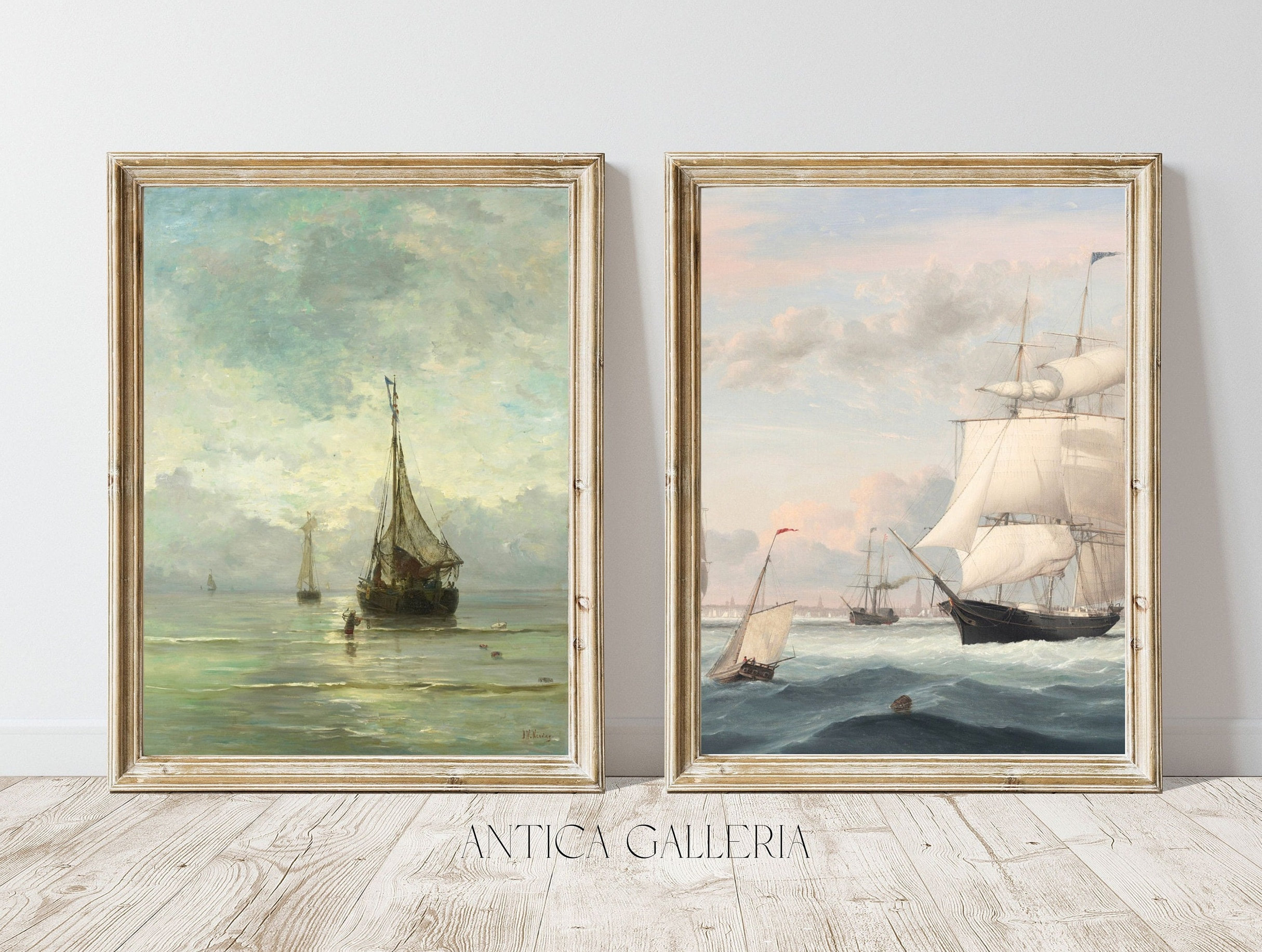 Nautical Vintage Gallery Wall SET of 10 Coastal Painting Antique Beach ...