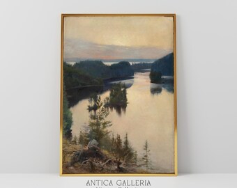 Vintage Lake Sunset Painting | Moody Landscape Art (Digital Download)