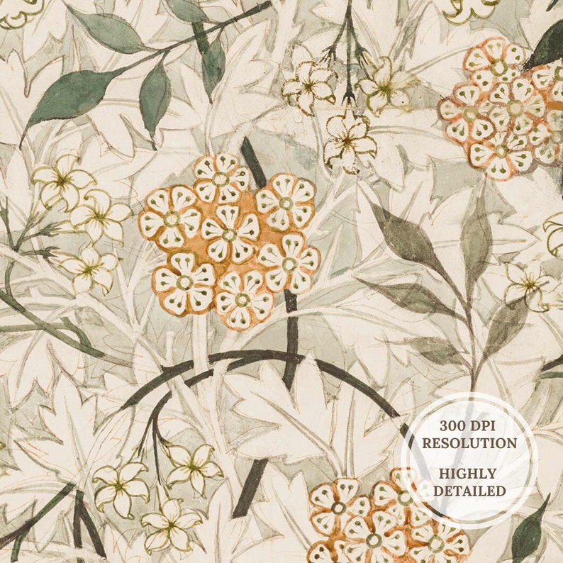 May include: A vintage floral pattern with white and orange flowers on a light beige background. The pattern features delicate leaves and intricate details.