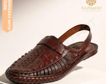 Men's Brown Leather Kolhapuri Chappal Sandals | Handmade Artisan Boho Beachwear  Ethnic Flats