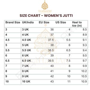 May include: A size chart for jutti footwear titled EiraHandArt SIZE CHART - WOMEN'S JUTTI. The table lists Brand Size, UK/India, EU Size, US Size, and Heel to toe (in) measurements ranging from 8.5 to 10.9 inches for sizes 3 through 10.