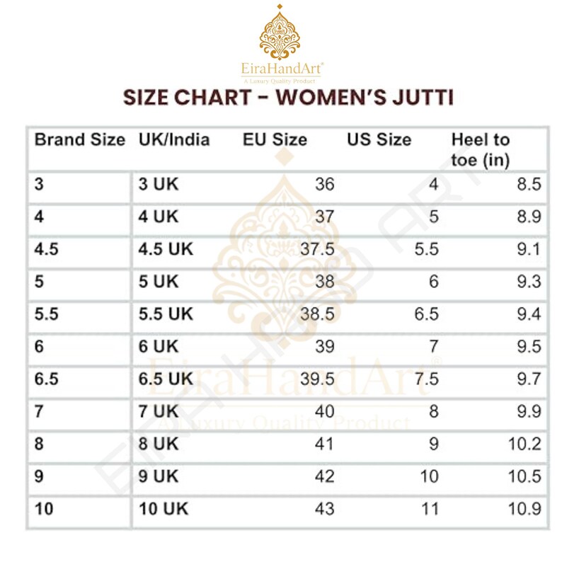 May include: A size chart for jutti footwear titled EiraHandArt SIZE CHART - WOMEN'S JUTTI. The table lists Brand Size, UK/India, EU Size, US Size, and Heel to toe (in) measurements ranging from 8.5 to 10.9 inches for sizes 3 through 10.
