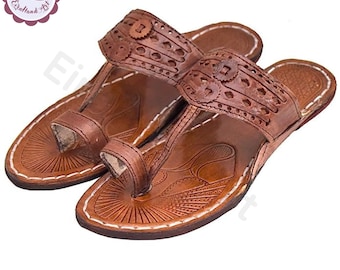 Handmade Brown Leather Kolhapuri Chappals for Men, Ethnic Boho Beach Footwear