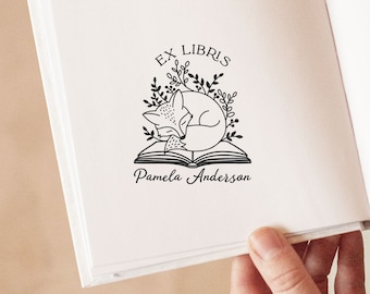 Custom Book Stamp Personalized Library Gift Stamp Book Lover Gift Box Reading Girl Ex Libris Custom Stamp Custom Book Gift Floral Fox Stamp