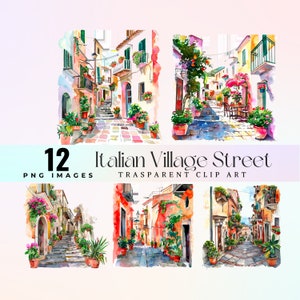 Lindo clip art de Italian Village Street, acuarela hermosa ilustración de camino de campo italiano PNG, encantador arte gráfico de la escena de la ciudad de Italia
