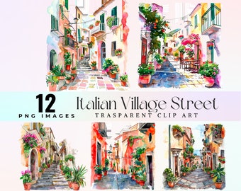 Italian Village Street Watercolor Clipart: Italy Town Scene PNG (Digital Download)