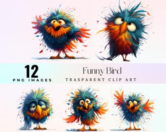 Funny Bird Clipart PNG Bundle, Quirky Goofy Cartoon Bird, Colorful Whimsical Illustration, Sticker Design