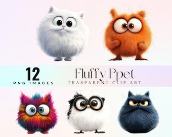 Fluffy Pet Cartoon Clipart, Shaggy Animal PNG (Digital Download)