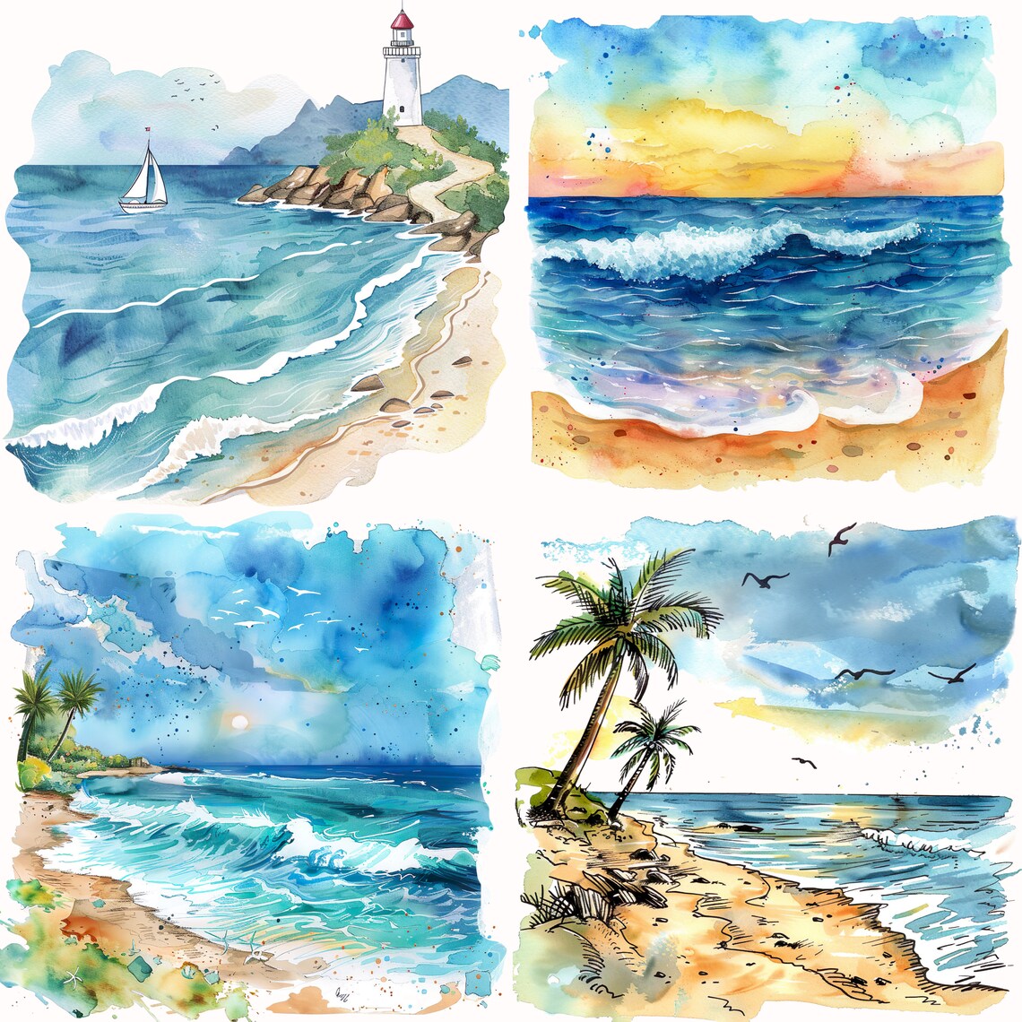 Watercolor Ocean Beach Clip Art: Coastal PNG Graphics (digital Download ...