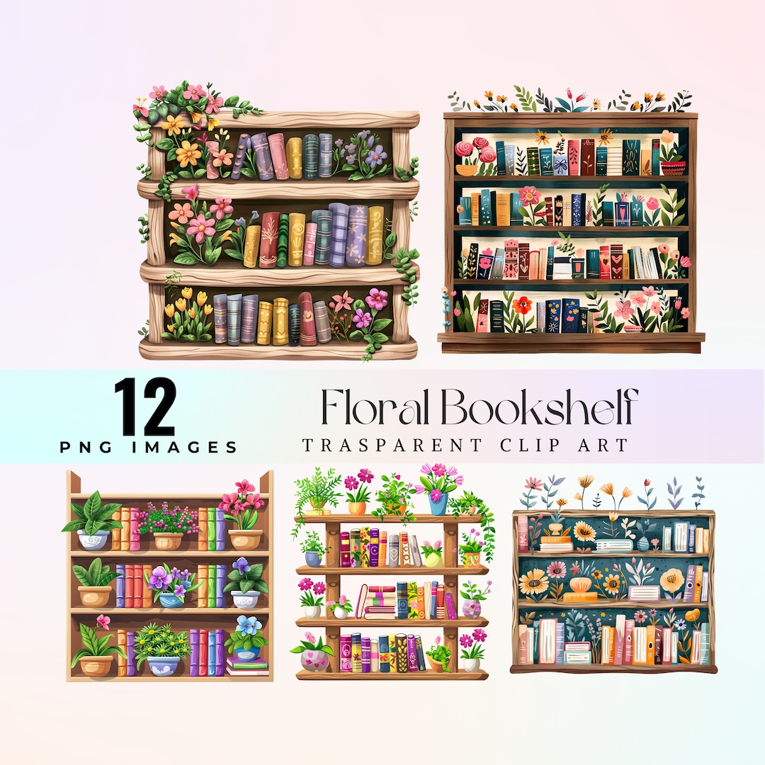 Cute Floral Bookshelf Clip Art, Watercolor Playful Bookcase ...
