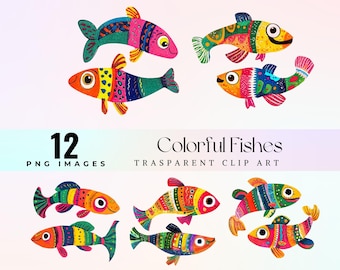 以下が含まれることがあります： 鮮やかで大胆な色と模様が施された、カラフルな魚のイラスト12点。魚は様々なポーズをとっており、泳いでいるものもいれば、正面を向いているものもいます。これらのイラストは、どんなプロジェクトにも楽しくて気まぐれな雰囲気を加えるのに最適です。