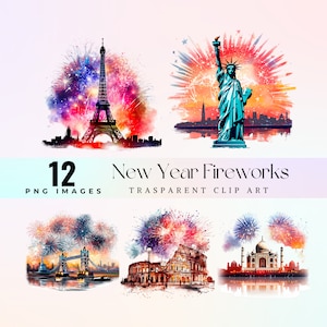 Clipart de fuegos artificiales de las capitales del mundo en acuarela, ciudad de Año Nuevo PNG (descarga digital)