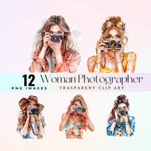 charmant photographe clip art, aquarelle adorable femme avec appareil photo illustration PNG, belle art graphique Shutterbug, appareil photo charme dame