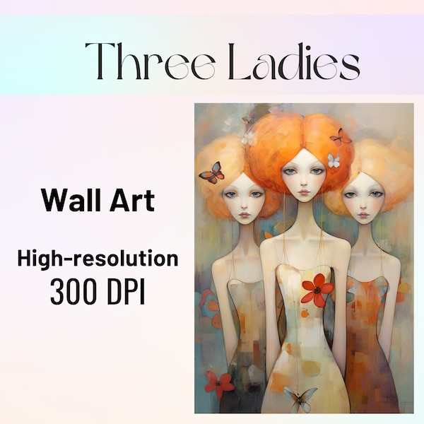 brilliant three ladies wall art, cute symmetrical women drawing art,  lovely balanced ladies artwork, sweet balanced faces masonry art