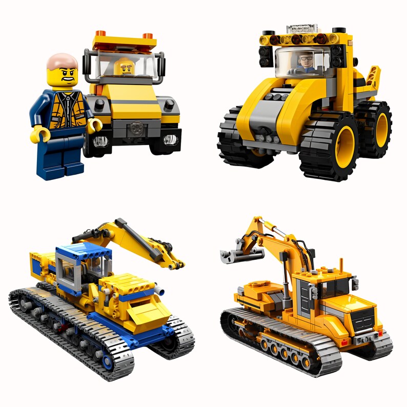 May include: Four yellow toy construction vehicles, including a bulldozer, an excavator, a dump truck, and a backhoe. The vehicles are made of plastic and have working parts. A small yellow Lego figure is standing next to the dump truck.