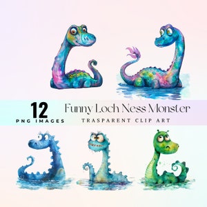 Divertente clip art del mostro di Loch Ness, illustrazione dell'acquerello eccentrico del campo del lago PNG, arte del mostro acquatico sciocco del fumetto, arte della creatura sfacciata del lago