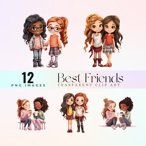 Cute Besties clip art, Happy Cartoon Best Friends illustration PNG, Best Friends forever Clip art, adorable little besties image png