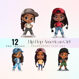 Cool hip hop afro American girl clip art, urban black girl PNG, street style character cartoon clipart, trendy braided hair image