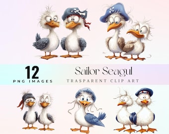 cute sailor seagulls clip art, watercolor marine lighthearted seagull illustration PNG, silly cartoon sea birds graphic art , fun avian art