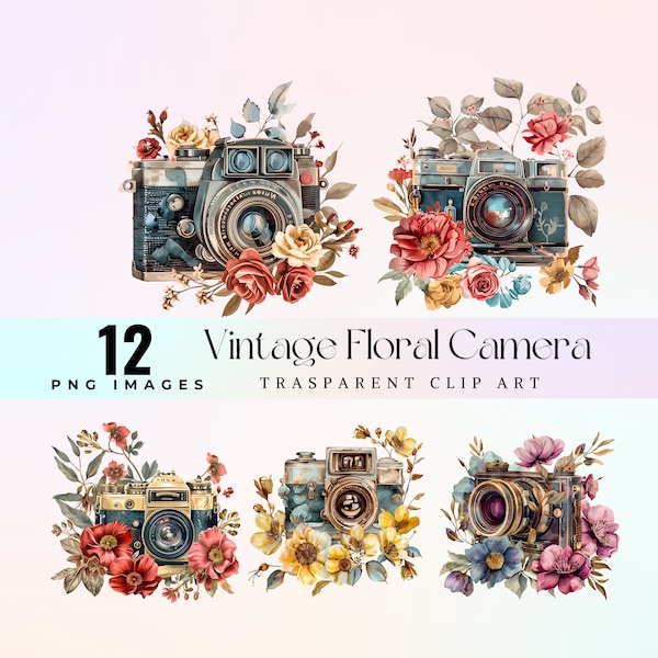 Cute vintage floral camera clip art, watercolor joyful retro flower lens illustration PNG, lovely floral old camera graphic art 300 DPI