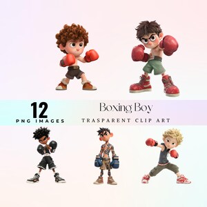 Peut inclure: Une collection de 12 images PNG représentant des personnages de boxe de dessins animés. Chaque personnage est représenté dans une pose de boxe, portant des gants et des chaussures de boxe. Le texte "Boxing Boy" et "Transparent Clip Art" est également inclus.