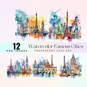 Famous cities clip art, watercolor mixed monuments of the most beautiful cities  illustration PNG, cartoon charming Capitals graphic art,