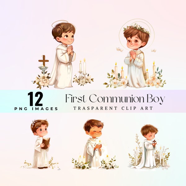 gracieux clipart garçon première communion, illustration aquarelle d'anges de communion blanc doux PNG, art graphique de communion d'enfants adorables