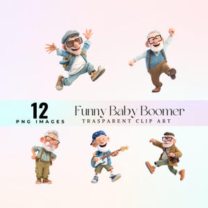 Happy Baby Boomer Clip Art, Funny Hipster Grandpa Clipart, Quirky Old Man Cartoon PNG for Stickers, Journaling, Scrapbooking