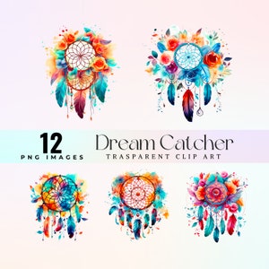 Puede incluir: Un conjunto de 12 imágenes de clipart digital que presentan coloridos atrapasueños con plumas y acentos florales. Los atrapasueños están representados en un estilo acuarela con tonos vibrantes de azul, naranja, rojo y amarillo.
