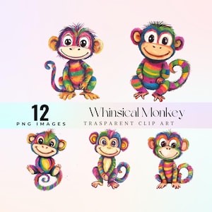 May include: Twelve whimsical monkey illustrations in a rainbow color scheme. The monkeys are in various poses, including sitting, standing, and holding a banana. The illustrations are perfect for adding a touch of fun to any project.