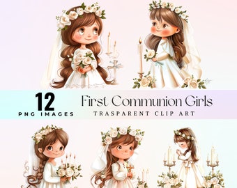 May include: Twelve digital illustrations of girls in white dresses and floral wreaths, holding bouquets, candles, and crosses. The girls are dressed for a First Communion ceremony. The images are transparent PNG files.