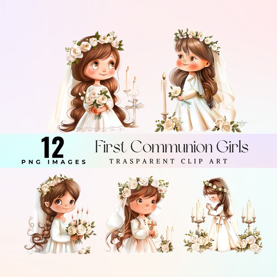 Watercolor First Communion Girls Clip Art: Sweet Angels PNG (Digital Download)
