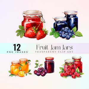 Könnte beinhalten: Zwölf Aquarell-Illustrationen von Marmeladen-Gläsern mit verschiedenen Früchten, darunter Erdbeeren, Blaubeeren, Kirschen und Himbeeren. Die Gläser sind transparent und zeigen die Früchte im Inneren. Die Illustrationen sind auf weißem Hintergrund.
