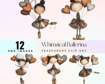 Vintage Ballet Girl Clipart with Balloons, Whimsical Ballerina PNG for Junk Journals, Craft Projects