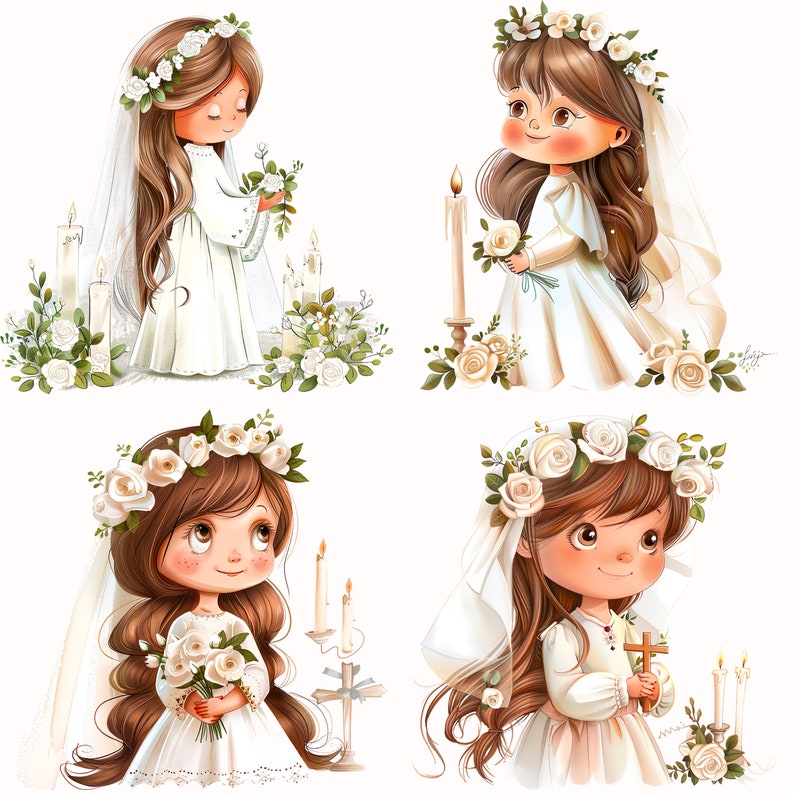 May include: Four illustrations of girls dressed in white communion dresses with floral crowns, veils, and holding flowers or candles. The girls have brown hair and are smiling.