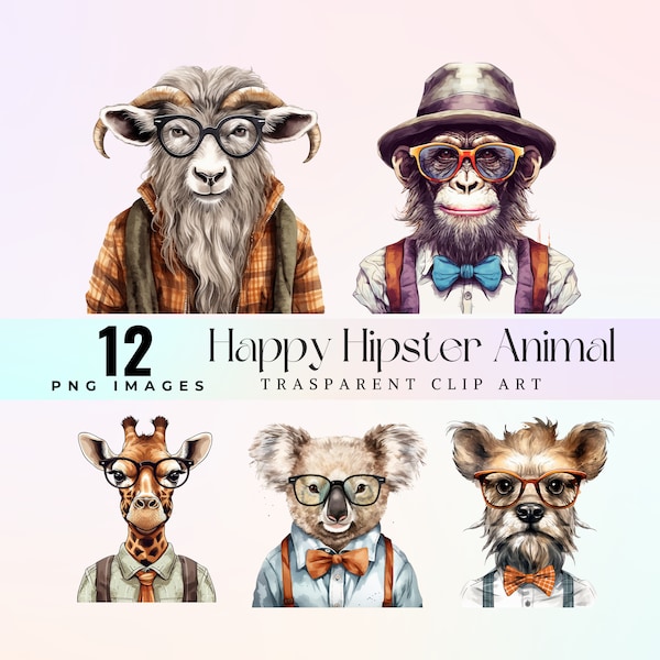happy Hipster animals clip art, cool Hipster animal illustrations PNG, hilarious glassed fauna graphic art, happy chic critters artwork