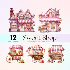 ピンクのキャンディショップ PNG、水彩画の愛らしいキャンディショップの店頭イラスト PNG、楽しいキャンディカートのグラフィックアート、素敵なデザートショップアート